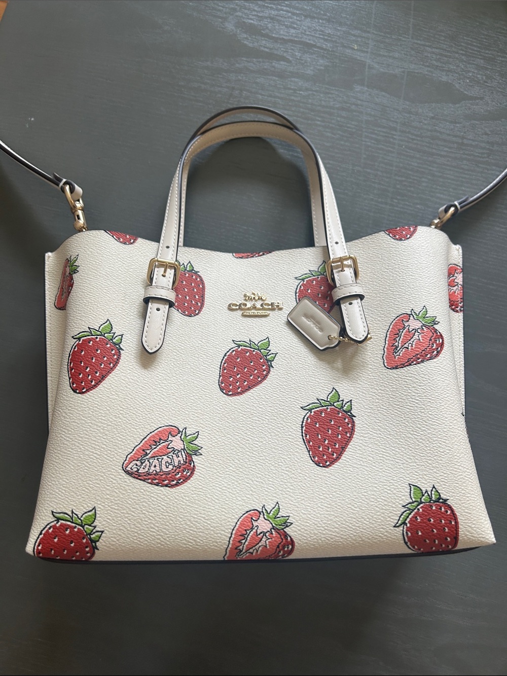 Coach White Leather Satchel with Red Strawberry Print